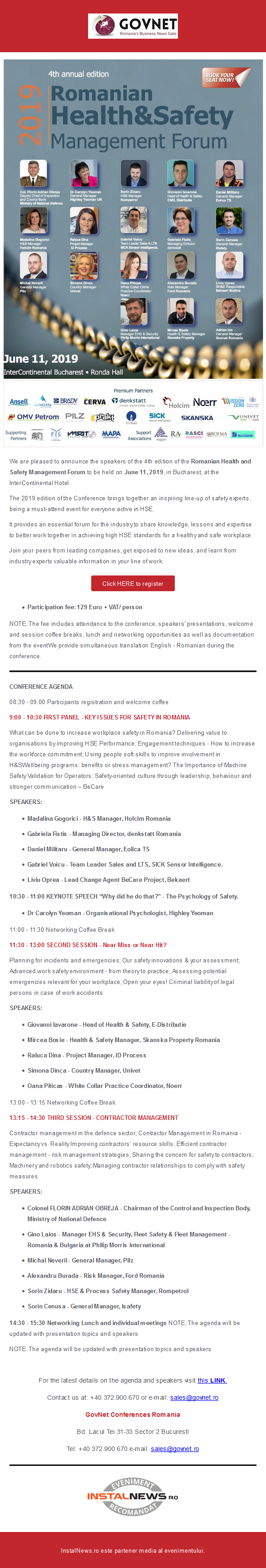 SAVE THE DATE! Romanian Health & Safety Management Forum - June 11, 2019 Bucharest